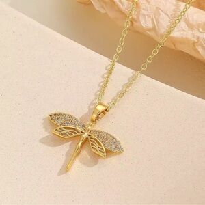 Elegant Stainless Steel Gold Dragonfly Pendant Necklace